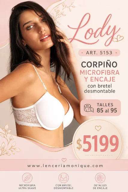 Lody Art. 5153 Corpiño microfibra y encaje con bretel desmontable. Talles 85 al 95 