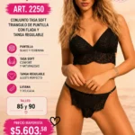 Maia Art. 2250 Conjunto tasa sof triangulo de puntilla con flada y tanga regulable. Talles 85 y 90 